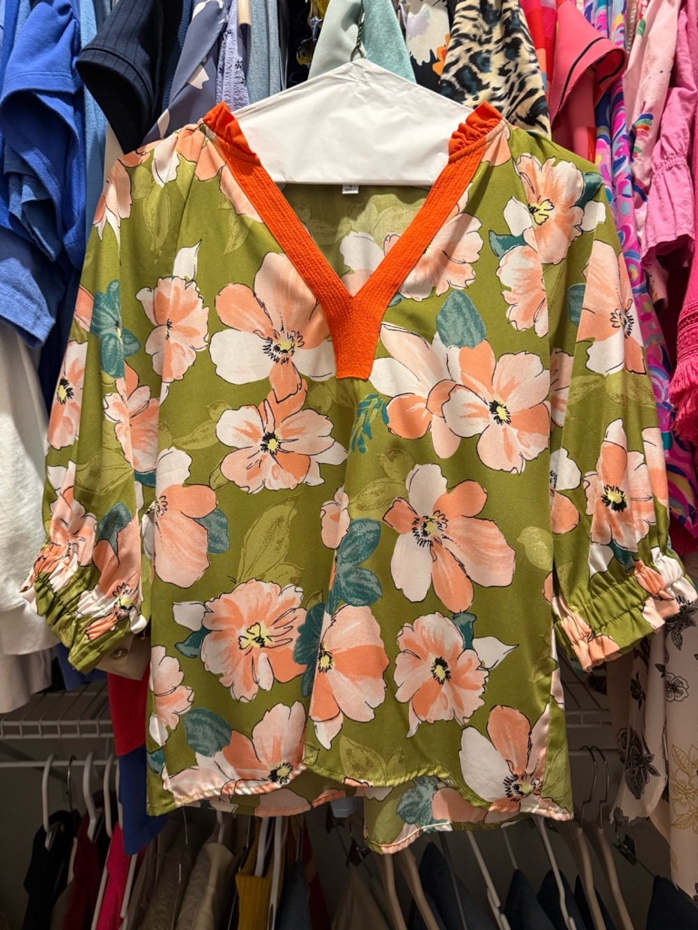 THML Olive Green Floral Blouse with Coral Trim, worn once! Drycleaned  and Ready